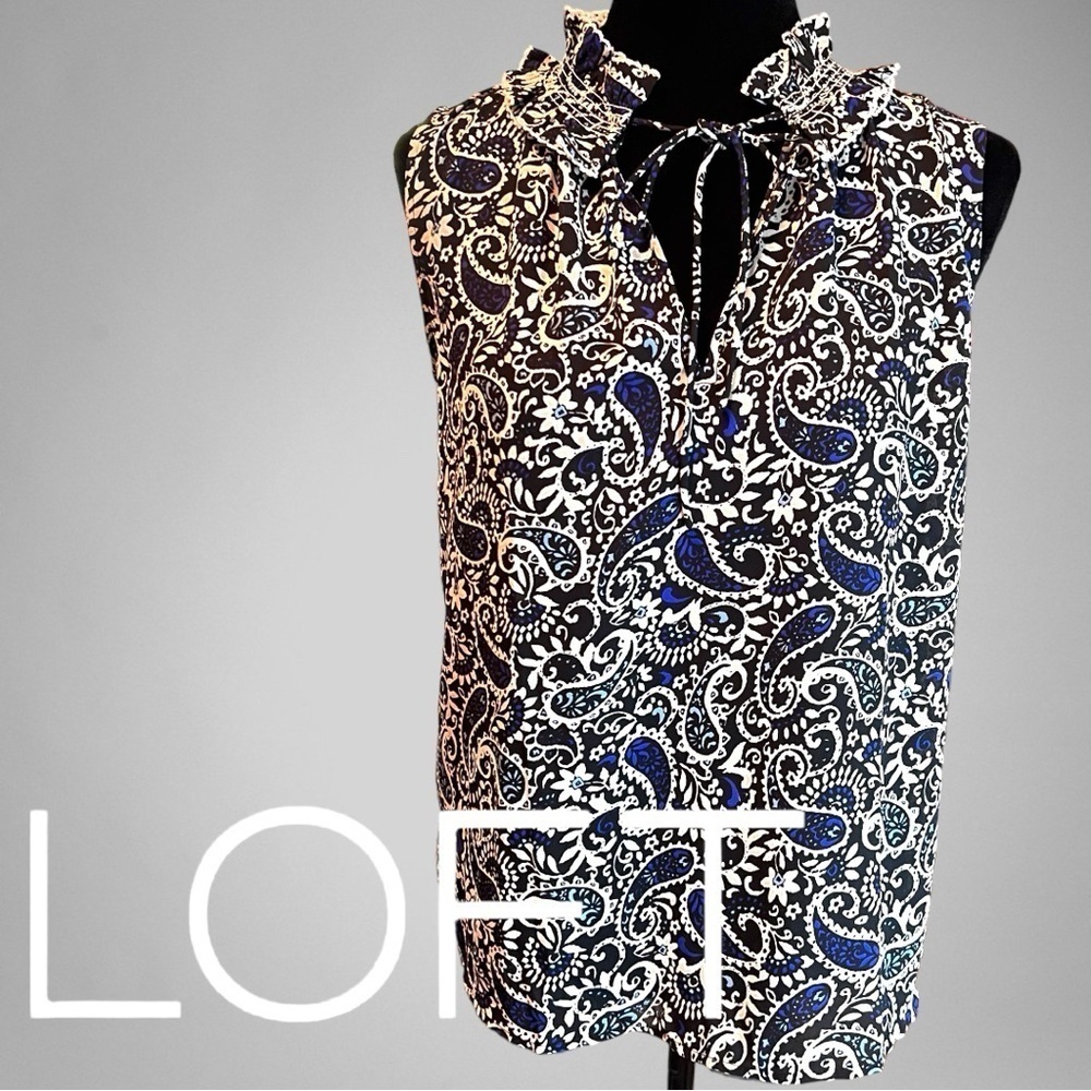 LOFT Paisley Smocked Tie Neck Mixed Media Shell - Picture 2 of 12